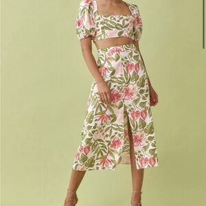 Reformation Cream and White Midi Pencil Skirt with Slit